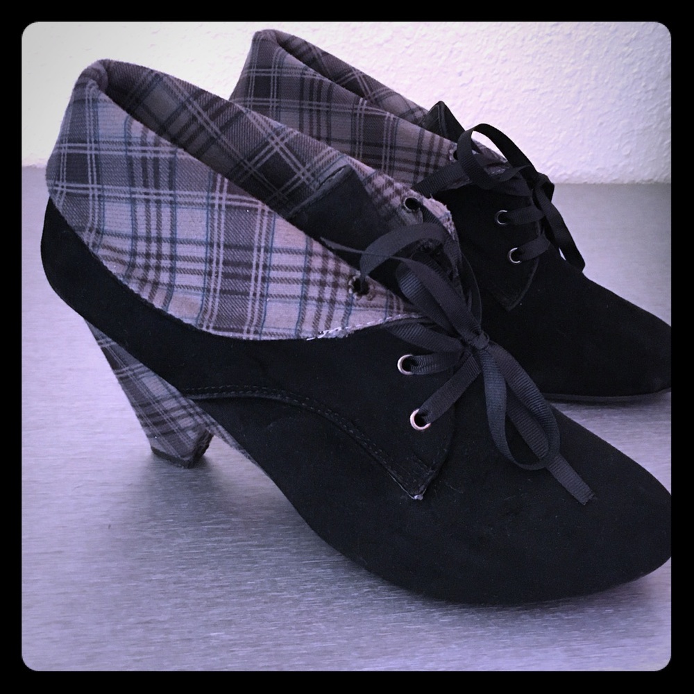 Plaid Suede Lace-Up Ankle Booties | Black & Gray Wedge Heels | Mengziniao - Picture 2 of 4